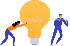Sell your Amazon business | Graphic of two people next to a large lightbulb